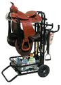 Two-wheeled rack (similar to a golfâ€“bag pull cart) carrying the saddle and related items, with a wire basket beneath holding bottled supplies.