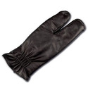 A split black customized glove made for a thumb and one or two fingers.