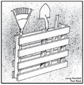 The rack (simply an on-end wooden pallet) holding (longways) a rake, a shovel, and a couple of long 1 by 2s.