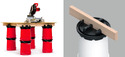 Left pic of 8 red buckets stacked in 4 columns of two buckets with portable workstation tops supporting a wood platform with a chop-saw on it. Rt pic of white bucket with workstation top on it holding a length of 2 x 4