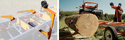 Left pic of yellow & black Winch-Operated Parbuckle Log-Loading Ramp superimposed on a portable saw mill. Rt pic of same Ramp being used to roll a log onto a trailer.