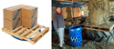 Left pic of boxes on a palet which is sitting on a Pallet Carousel. Rt pic of round hay bale sitting vertically on a pallet on top of a tractor tire.